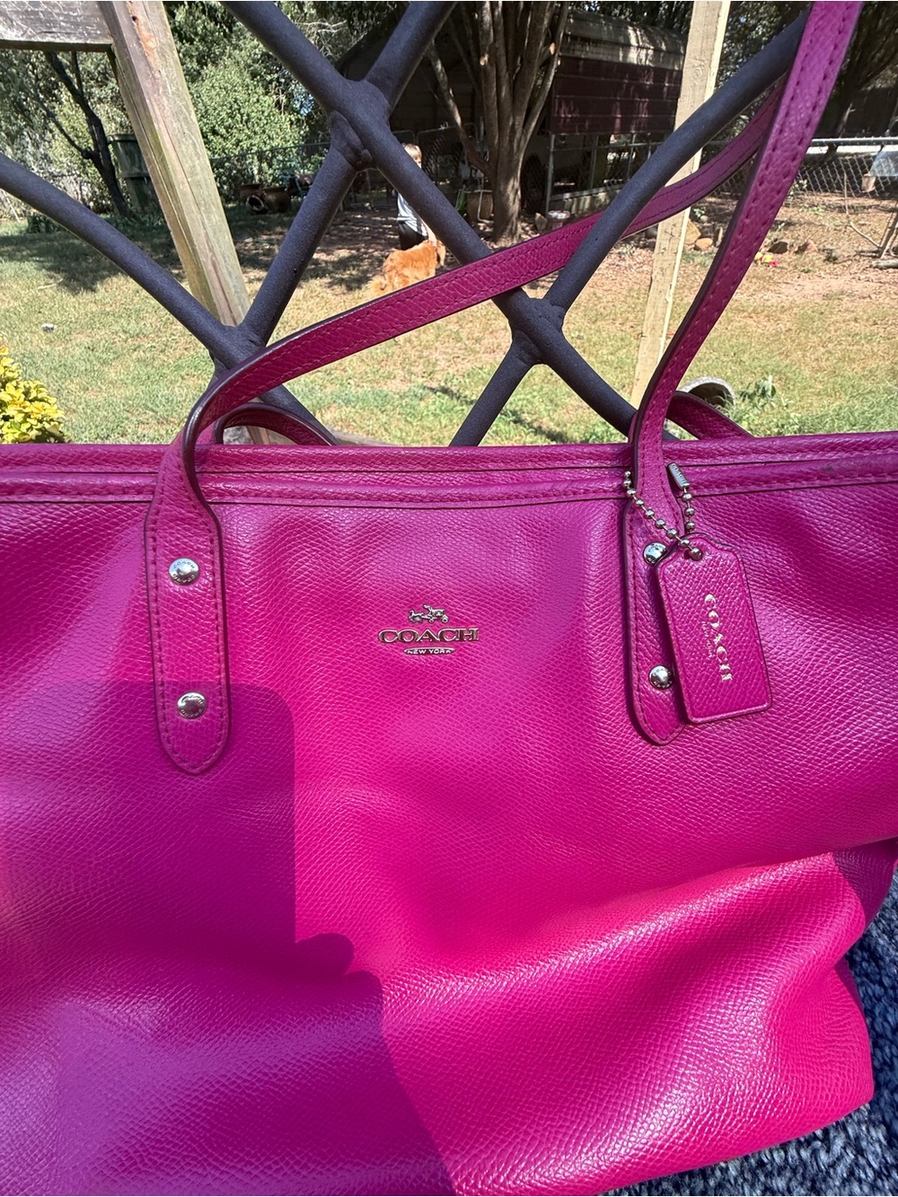 Coach Fuchsia Pebble Leather Tote with Silver Hardware